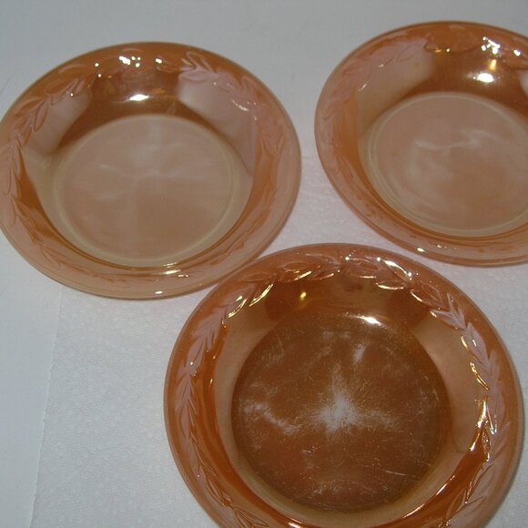 3 Vintage Fire King Peach Luster Laurel Leaf BOWLS Oven Ware 7.5"x1.4" T USA  H - Picture 3 of 4